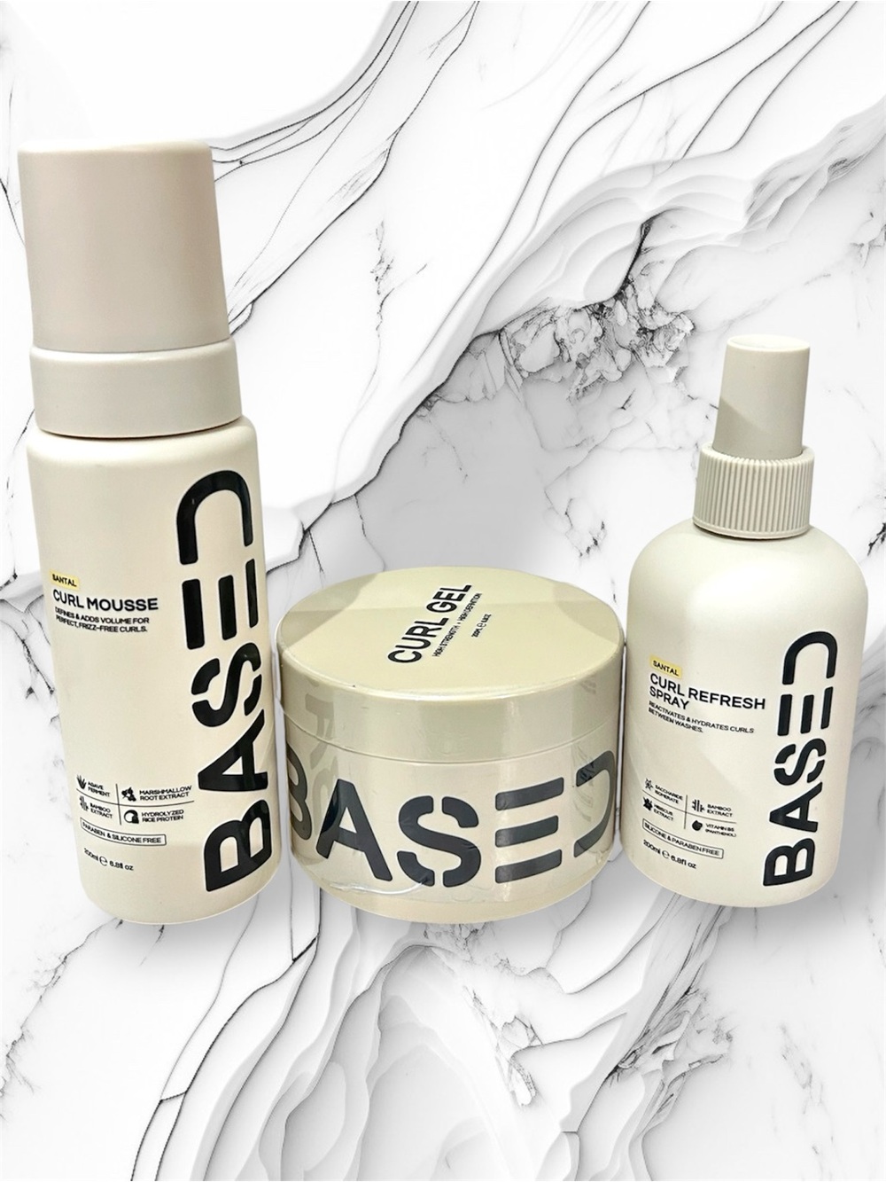 BASED BODYWORKS Curly Trio Set NEW Curl Mousse Gel Refresh Spray Hair Care